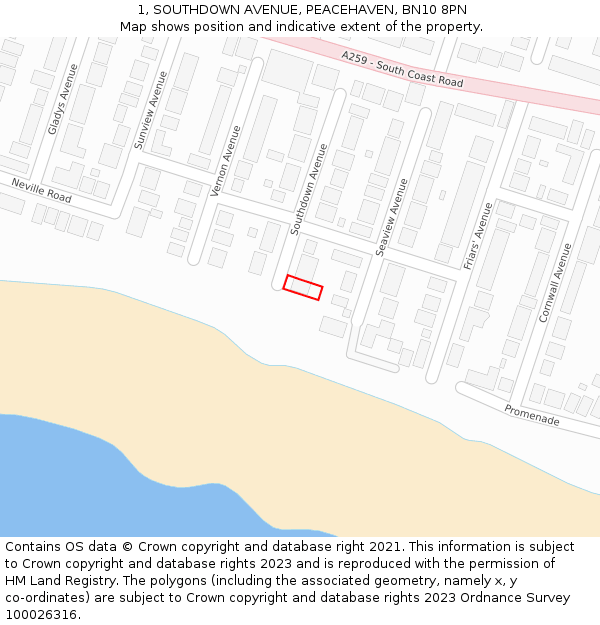 1, SOUTHDOWN AVENUE, PEACEHAVEN, BN10 8PN: Location map and indicative extent of plot