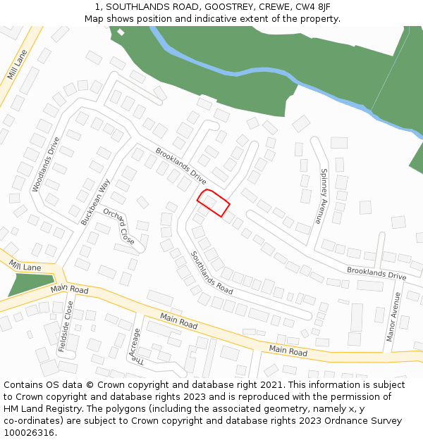 1, SOUTHLANDS ROAD, GOOSTREY, CREWE, CW4 8JF: Location map and indicative extent of plot