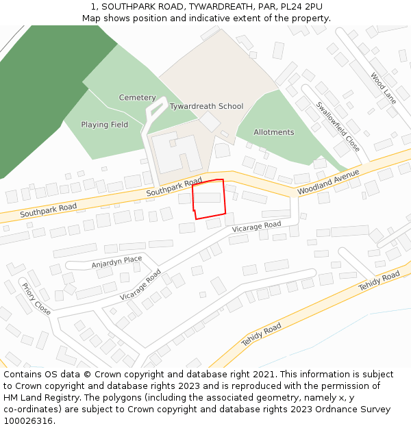 1, SOUTHPARK ROAD, TYWARDREATH, PAR, PL24 2PU: Location map and indicative extent of plot