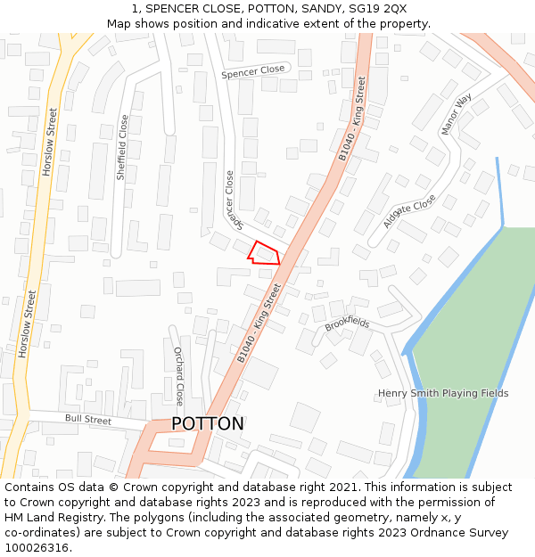 1, SPENCER CLOSE, POTTON, SANDY, SG19 2QX: Location map and indicative extent of plot