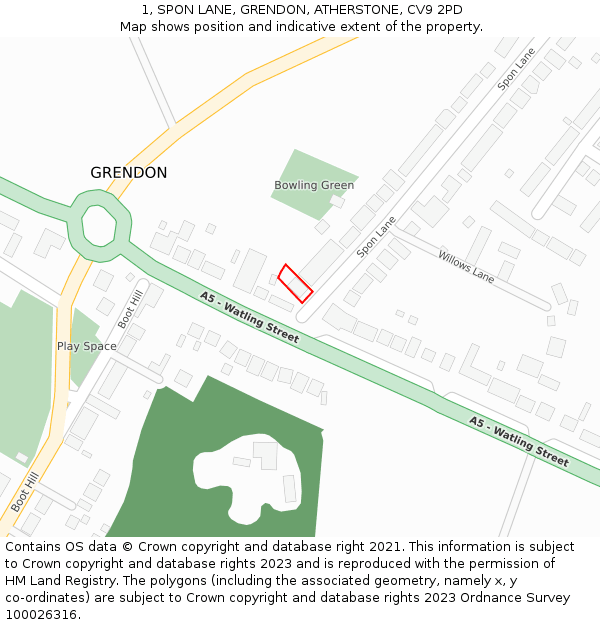 1, SPON LANE, GRENDON, ATHERSTONE, CV9 2PD: Location map and indicative extent of plot