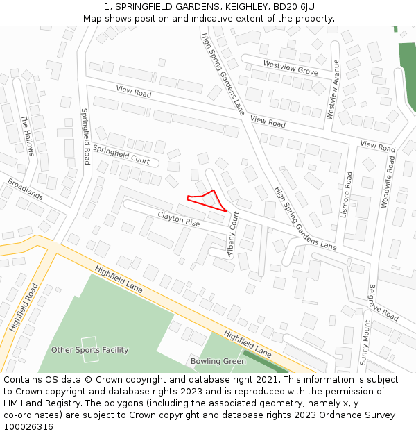 1, SPRINGFIELD GARDENS, KEIGHLEY, BD20 6JU: Location map and indicative extent of plot