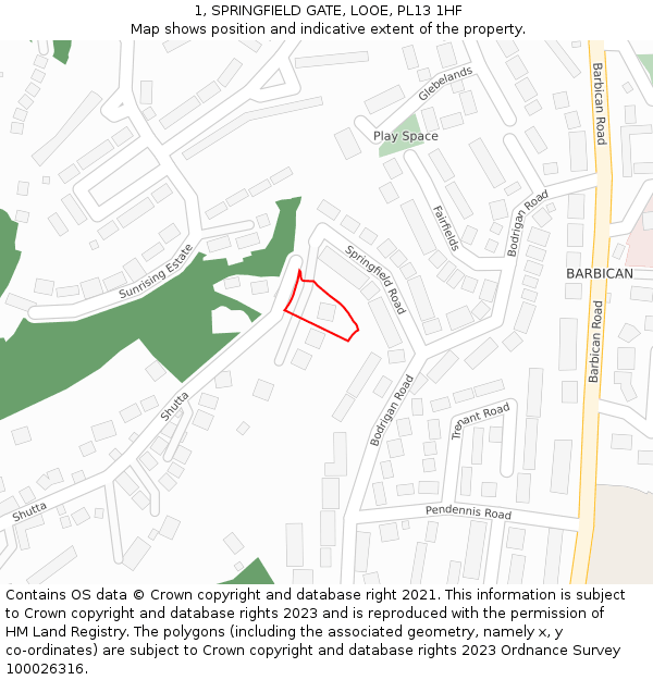 1, SPRINGFIELD GATE, LOOE, PL13 1HF: Location map and indicative extent of plot