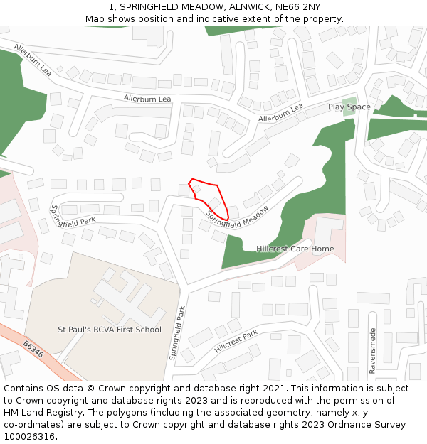 1, SPRINGFIELD MEADOW, ALNWICK, NE66 2NY: Location map and indicative extent of plot