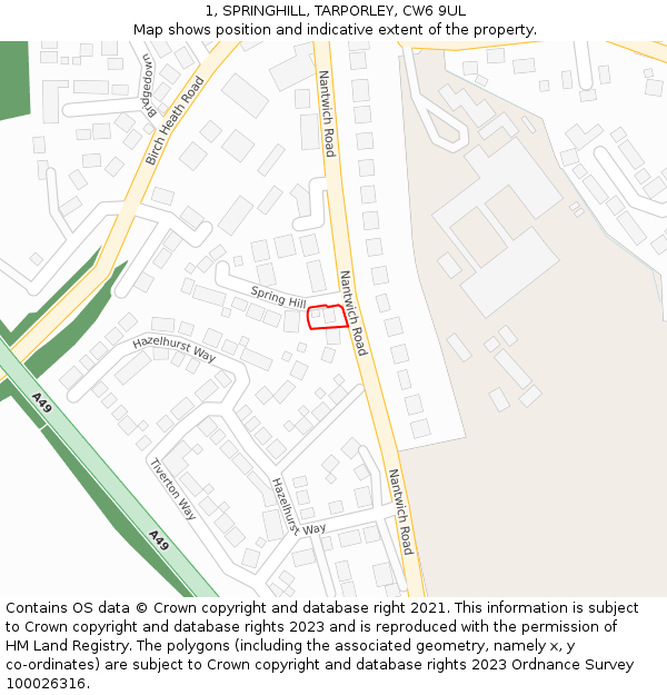 1, SPRINGHILL, TARPORLEY, CW6 9UL: Location map and indicative extent of plot