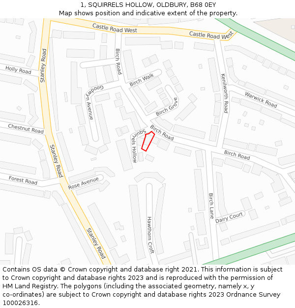 1, SQUIRRELS HOLLOW, OLDBURY, B68 0EY: Location map and indicative extent of plot