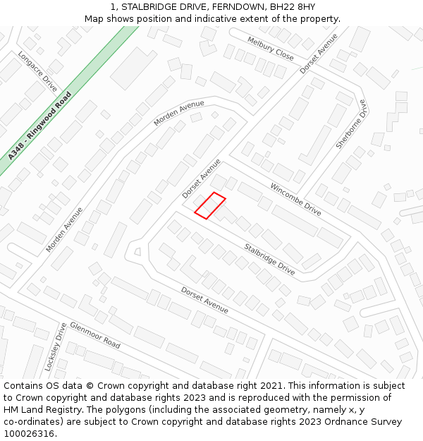 1, STALBRIDGE DRIVE, FERNDOWN, BH22 8HY: Location map and indicative extent of plot