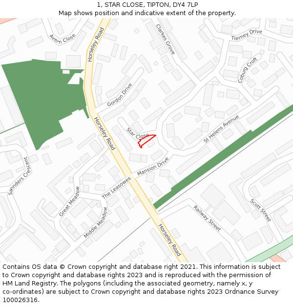 1, STAR CLOSE, TIPTON, DY4 7LP: Location map and indicative extent of plot