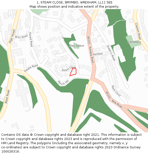 1, STEAM CLOSE, BRYMBO, WREXHAM, LL11 5EE: Location map and indicative extent of plot