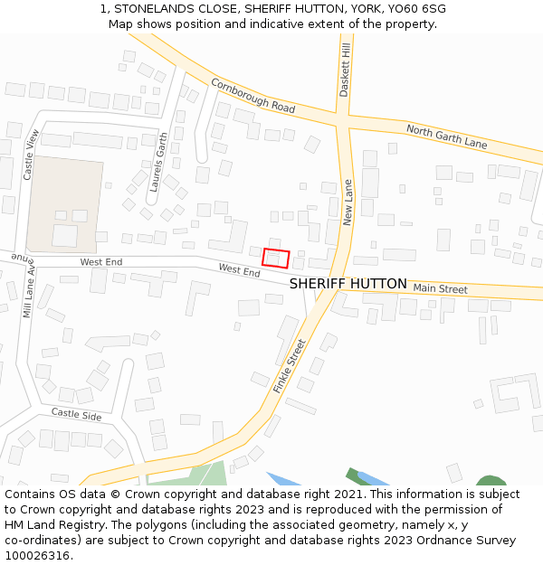 1, STONELANDS CLOSE, SHERIFF HUTTON, YORK, YO60 6SG: Location map and indicative extent of plot