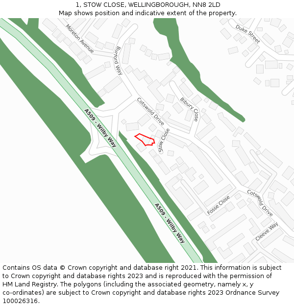 1, STOW CLOSE, WELLINGBOROUGH, NN8 2LD: Location map and indicative extent of plot