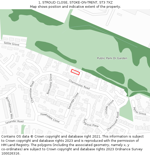 1, STROUD CLOSE, STOKE-ON-TRENT, ST3 7XZ: Location map and indicative extent of plot