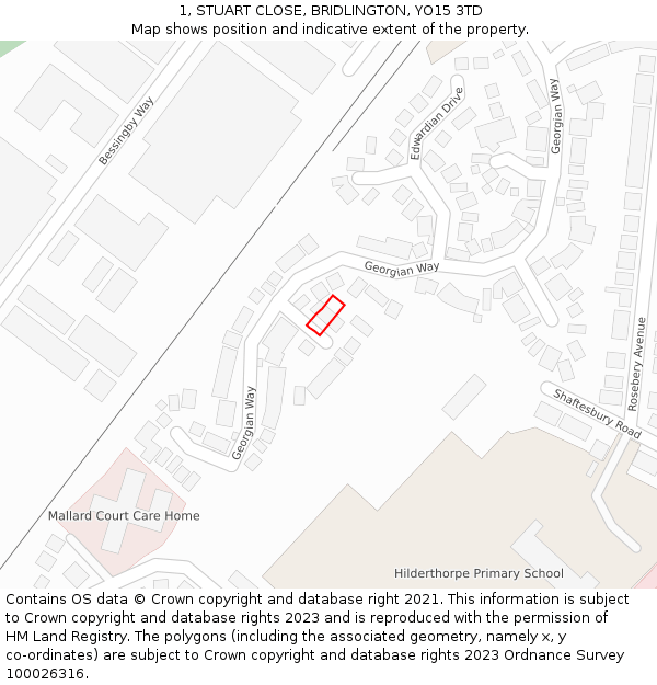 1, STUART CLOSE, BRIDLINGTON, YO15 3TD: Location map and indicative extent of plot