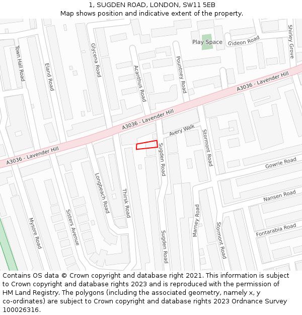 1, SUGDEN ROAD, LONDON, SW11 5EB: Location map and indicative extent of plot