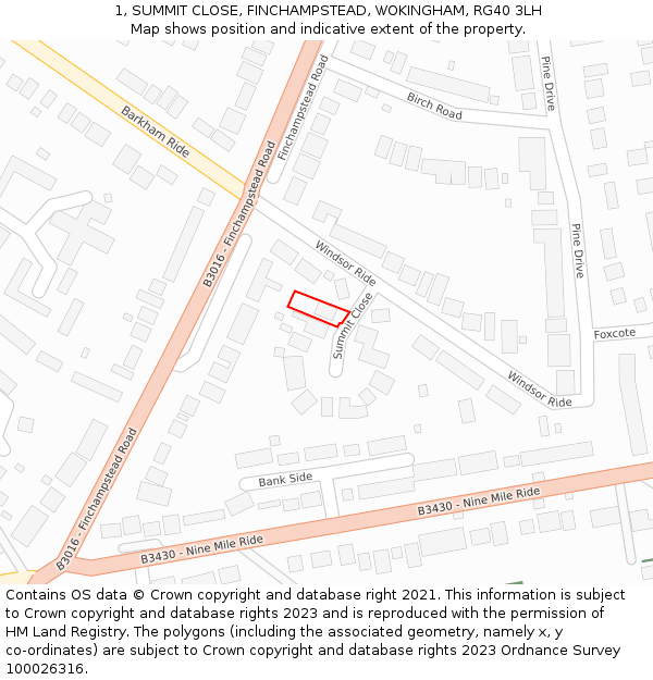 1, SUMMIT CLOSE, FINCHAMPSTEAD, WOKINGHAM, RG40 3LH: Location map and indicative extent of plot