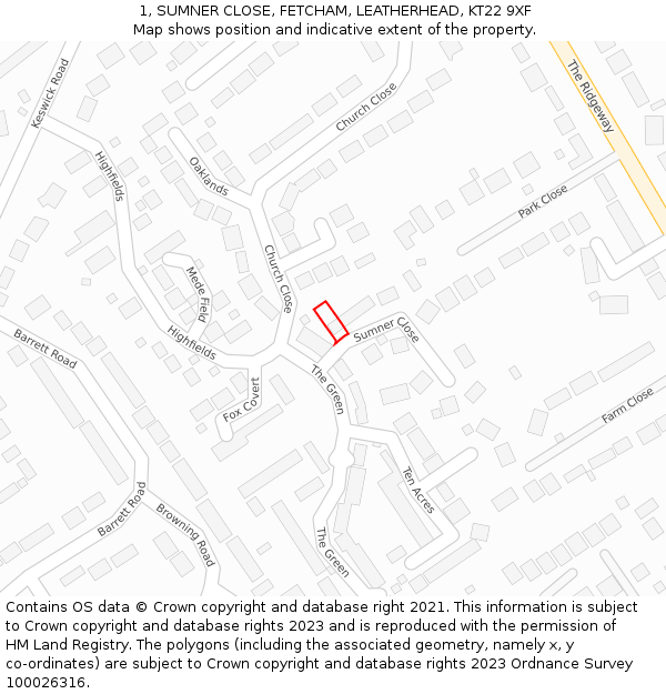 1, SUMNER CLOSE, FETCHAM, LEATHERHEAD, KT22 9XF: Location map and indicative extent of plot