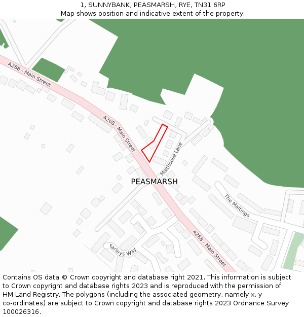 1, SUNNYBANK, PEASMARSH, RYE, TN31 6RP: Location map and indicative extent of plot