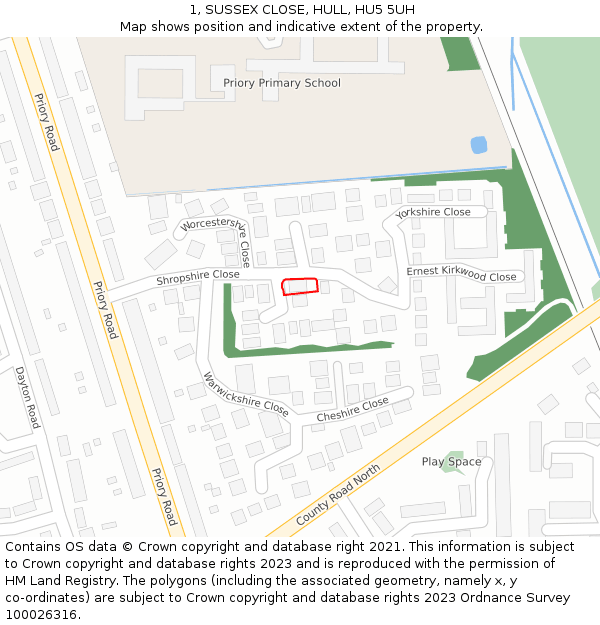 1, SUSSEX CLOSE, HULL, HU5 5UH: Location map and indicative extent of plot