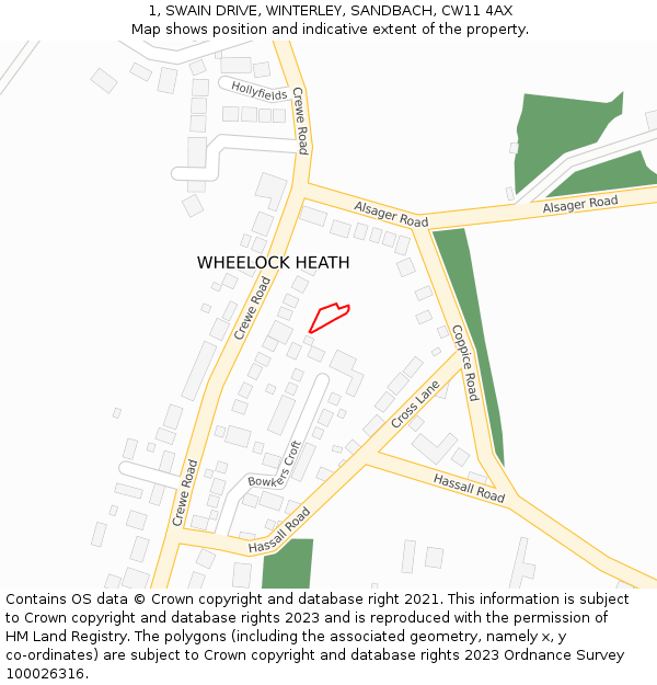 1, SWAIN DRIVE, WINTERLEY, SANDBACH, CW11 4AX: Location map and indicative extent of plot