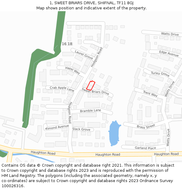 1, SWEET BRIARS DRIVE, SHIFNAL, TF11 8GJ: Location map and indicative extent of plot