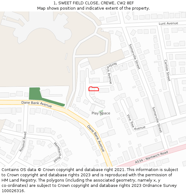 1, SWEET FIELD CLOSE, CREWE, CW2 8EF: Location map and indicative extent of plot