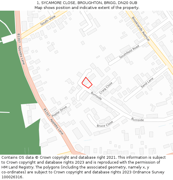 1, SYCAMORE CLOSE, BROUGHTON, BRIGG, DN20 0UB: Location map and indicative extent of plot