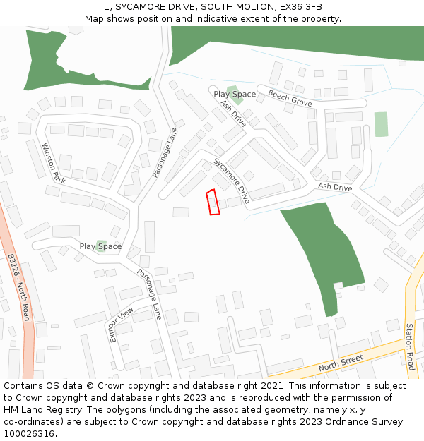 1, SYCAMORE DRIVE, SOUTH MOLTON, EX36 3FB: Location map and indicative extent of plot