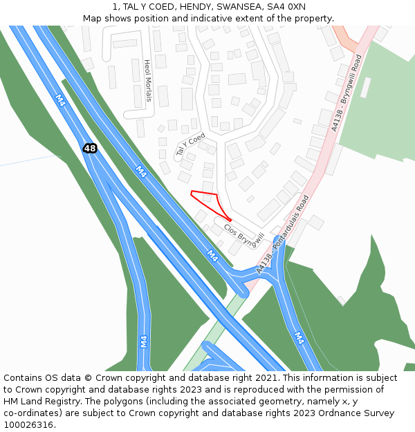 1, TAL Y COED, HENDY, SWANSEA, SA4 0XN: Location map and indicative extent of plot