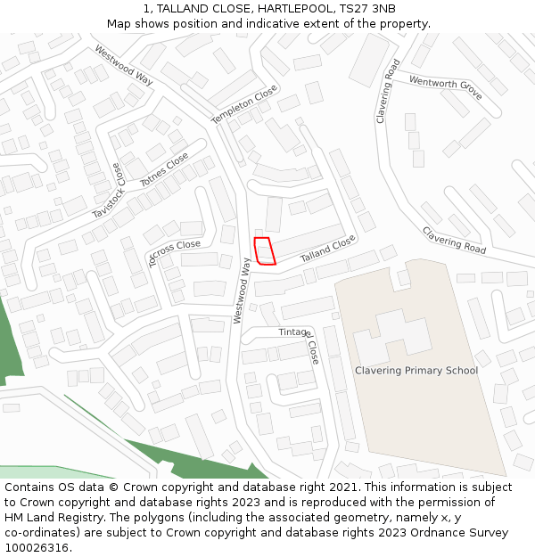 1, TALLAND CLOSE, HARTLEPOOL, TS27 3NB: Location map and indicative extent of plot