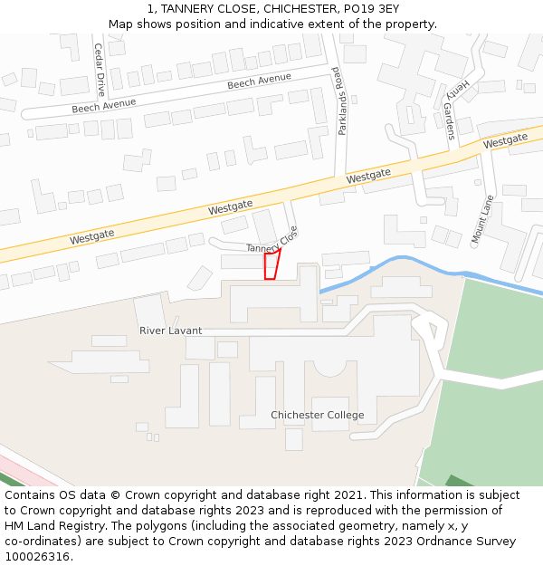 1, TANNERY CLOSE, CHICHESTER, PO19 3EY: Location map and indicative extent of plot