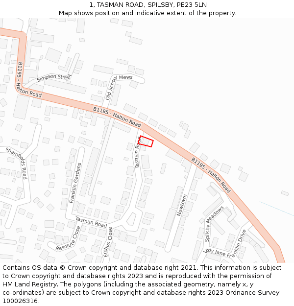 1, TASMAN ROAD, SPILSBY, PE23 5LN: Location map and indicative extent of plot