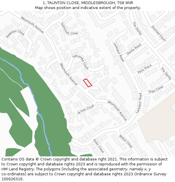 1, TAUNTON CLOSE, MIDDLESBROUGH, TS8 9NR: Location map and indicative extent of plot