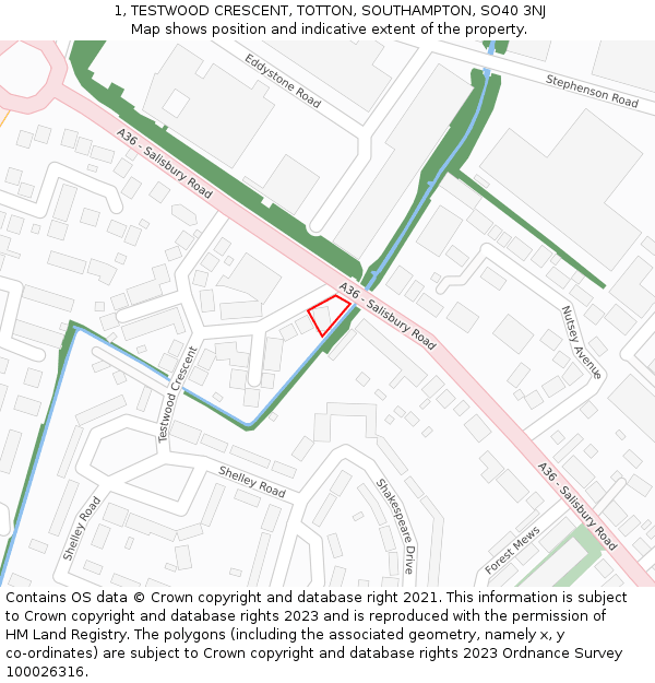 1, TESTWOOD CRESCENT, TOTTON, SOUTHAMPTON, SO40 3NJ: Location map and indicative extent of plot