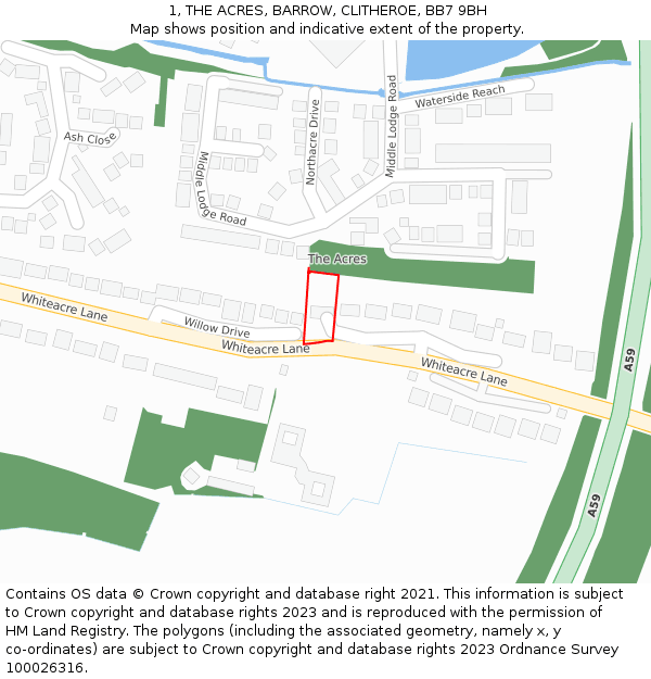 1, THE ACRES, BARROW, CLITHEROE, BB7 9BH: Location map and indicative extent of plot