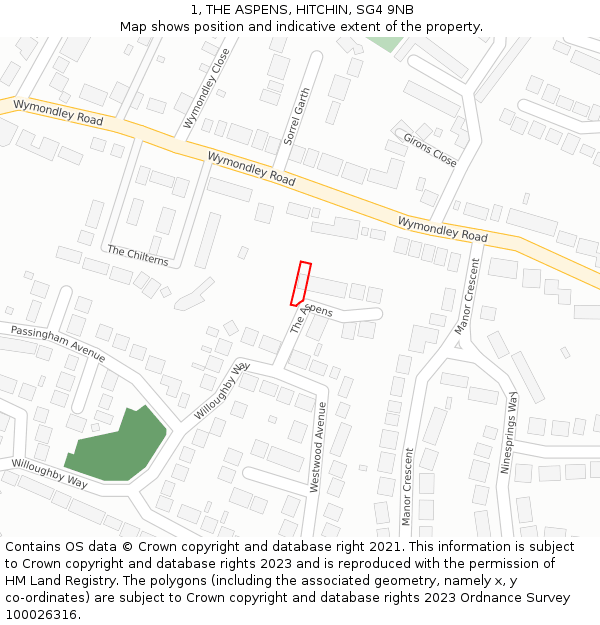 1, THE ASPENS, HITCHIN, SG4 9NB: Location map and indicative extent of plot