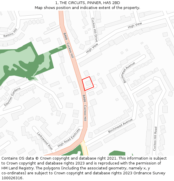 1, THE CIRCUITS, PINNER, HA5 2BD: Location map and indicative extent of plot