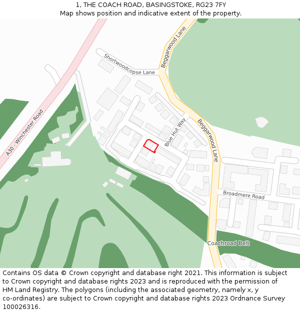 1, THE COACH ROAD, BASINGSTOKE, RG23 7FY: Location map and indicative extent of plot