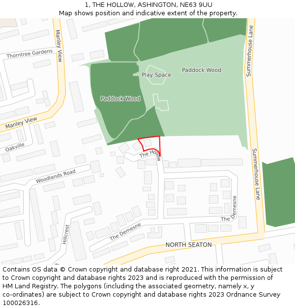 1, THE HOLLOW, ASHINGTON, NE63 9UU: Location map and indicative extent of plot