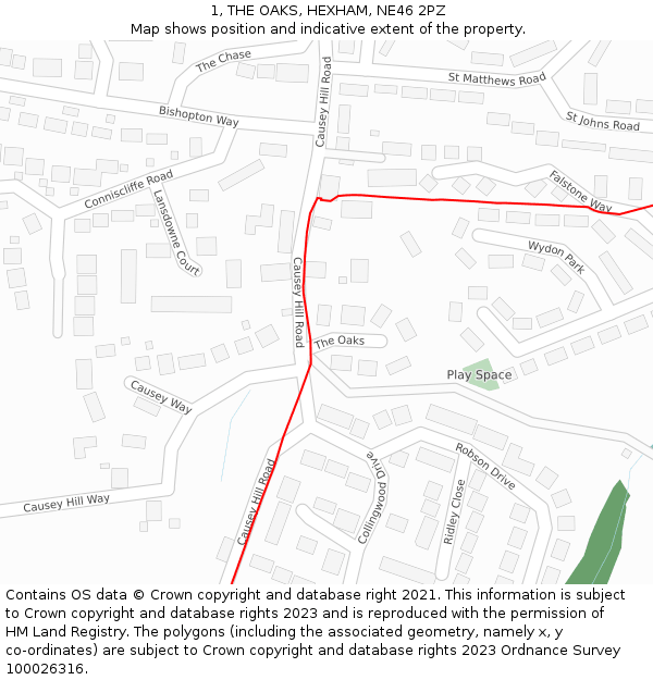 1, THE OAKS, HEXHAM, NE46 2PZ: Location map and indicative extent of plot