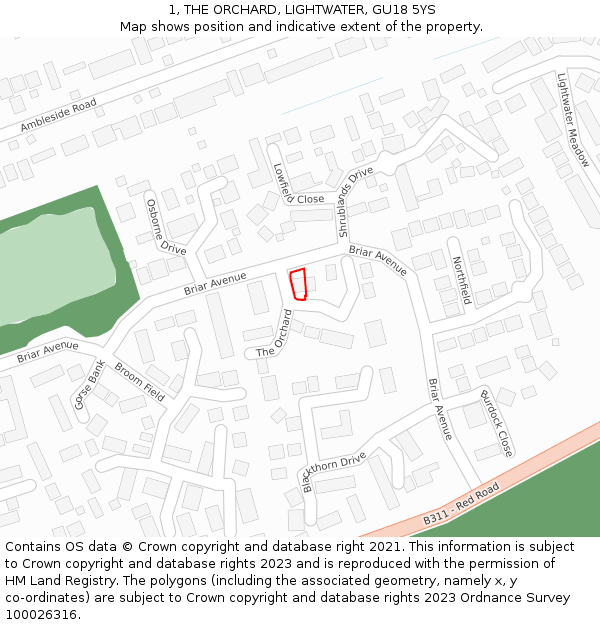 1, THE ORCHARD, LIGHTWATER, GU18 5YS: Location map and indicative extent of plot