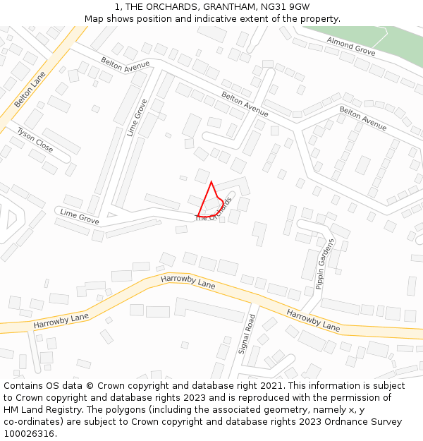 1, THE ORCHARDS, GRANTHAM, NG31 9GW: Location map and indicative extent of plot