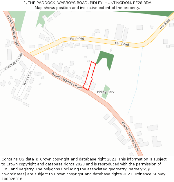 1, THE PADDOCK, WARBOYS ROAD, PIDLEY, HUNTINGDON, PE28 3DA: Location map and indicative extent of plot