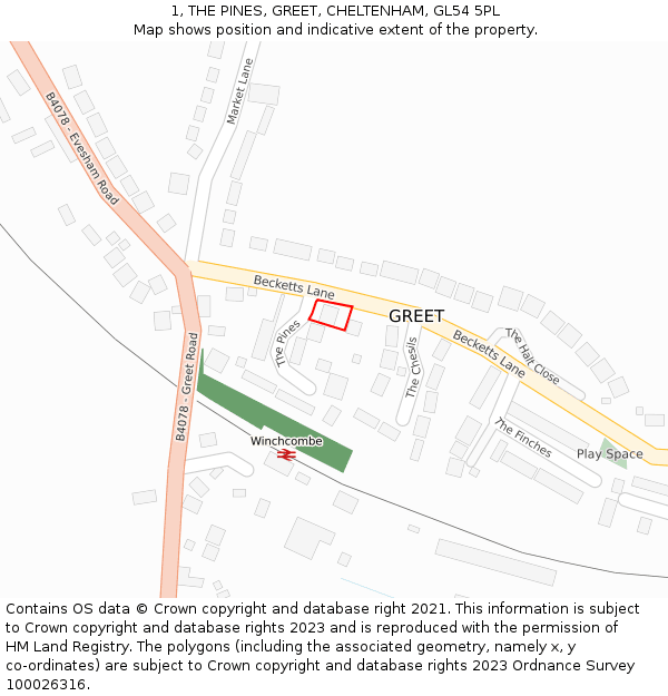 1, THE PINES, GREET, CHELTENHAM, GL54 5PL: Location map and indicative extent of plot