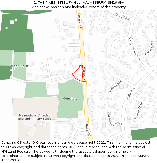 1, THE PINES, TETBURY HILL, MALMESBURY, SN16 9JW: Location map and indicative extent of plot