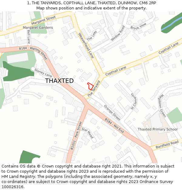 1, THE TANYARDS, COPTHALL LANE, THAXTED, DUNMOW, CM6 2RP: Location map and indicative extent of plot