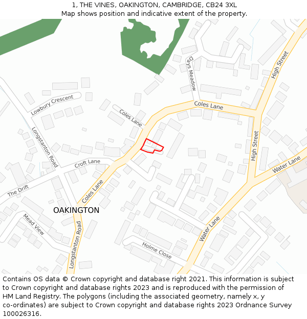 1, THE VINES, OAKINGTON, CAMBRIDGE, CB24 3XL: Location map and indicative extent of plot