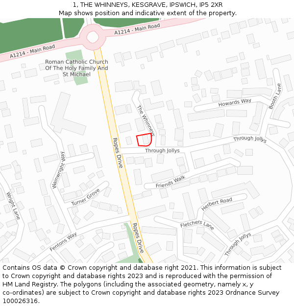 1, THE WHINNEYS, KESGRAVE, IPSWICH, IP5 2XR: Location map and indicative extent of plot