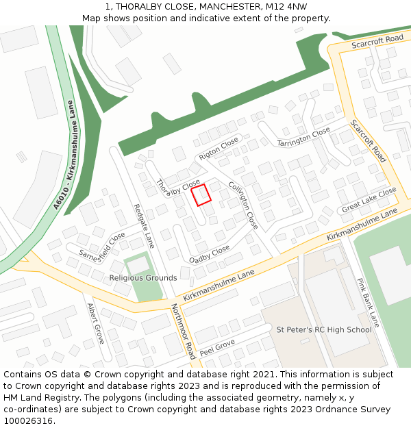 1, THORALBY CLOSE, MANCHESTER, M12 4NW: Location map and indicative extent of plot