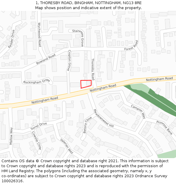 1, THORESBY ROAD, BINGHAM, NOTTINGHAM, NG13 8RE: Location map and indicative extent of plot