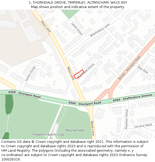 1, THORNDALE GROVE, TIMPERLEY, ALTRINCHAM, WA15 6SY: Location map and indicative extent of plot